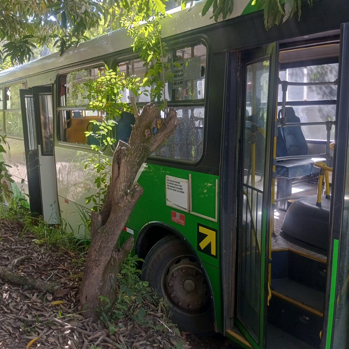 Ônibus desce de ré após falhar ao subir morro e para em barranco em Campinas