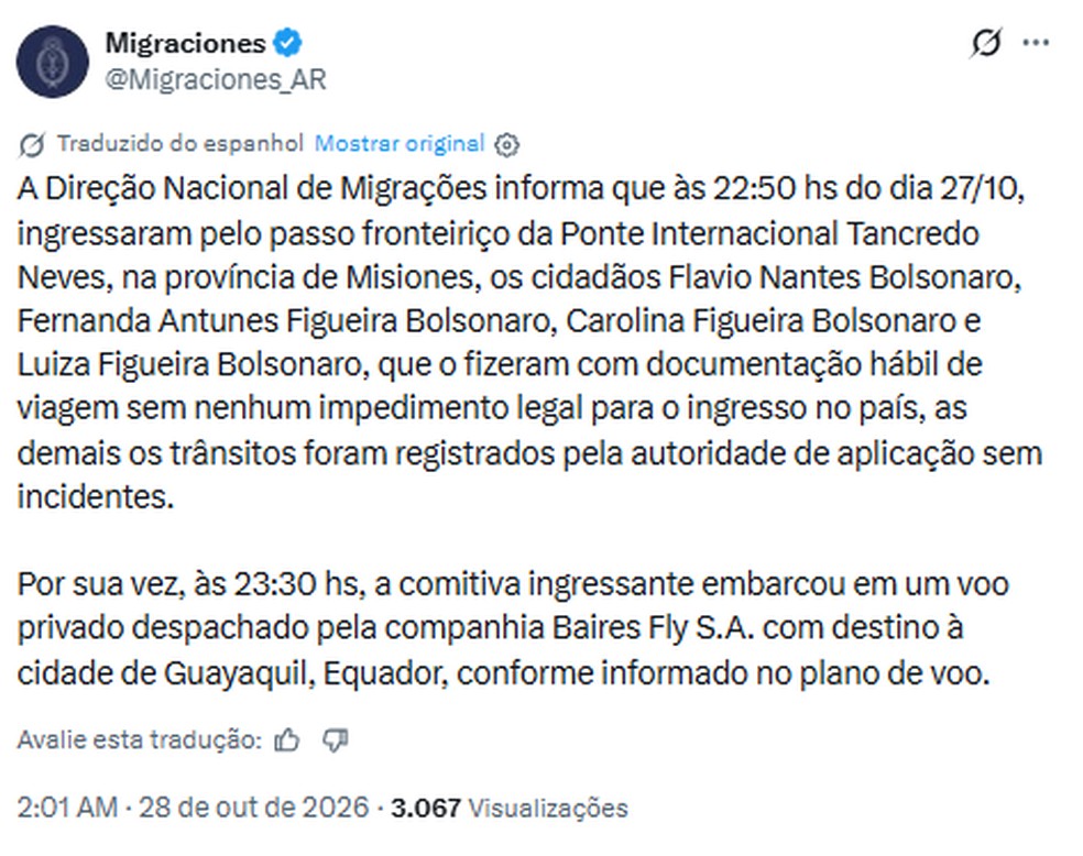 �rg�o migrat�rio argentino publicou confirma��o de entrada de Fl�vio Bolsonaro e fam�lia no pa�s. � Foto: Reprodu��o/X
