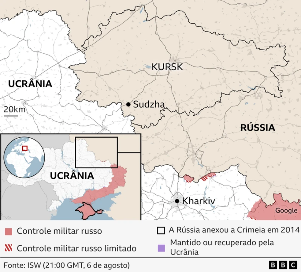 Mapa do controle militar russo sobre a Ucrânia. — Foto: BBC