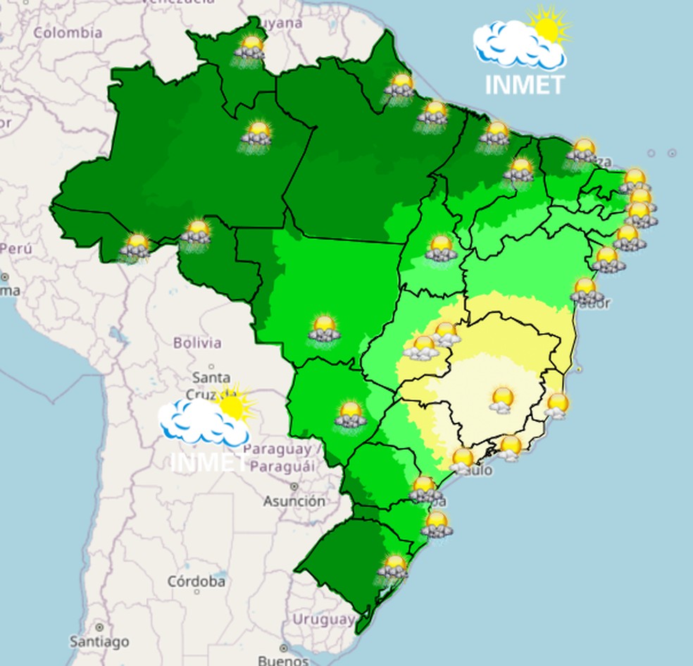 Mapa mostra previs&atilde;o de chuva para esta quinta (16) em todo o Brasil. &mdash; Foto: Inmet/Reprodu&ccedil;&atilde;o
