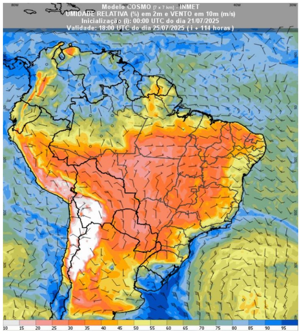 Previsão mostra como deve ficar a umidade do ar e a intensidade dos ventos entre os dias 21 e 25 de julho de 2025. — Foto: Inmet/Reprodução