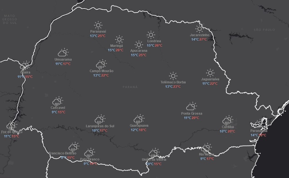 Previsão do tempo do Simepar para segunda-feira, 25 de agosto — Foto: Reprodução/Simepar