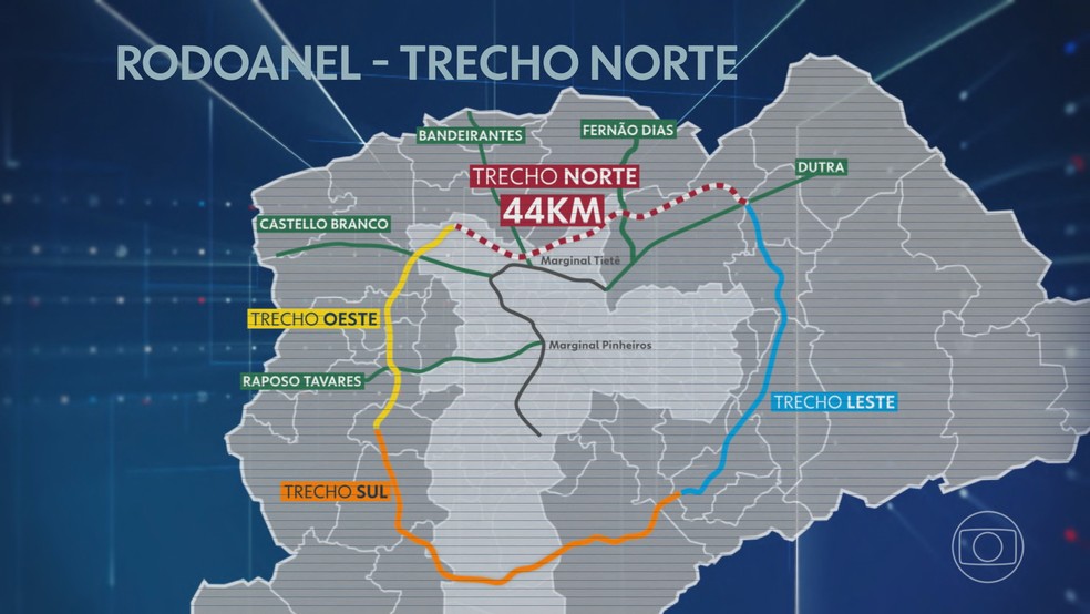Rodoanel Norte: em vermelho o trecho que falta para a conclusão da obra — Foto: Jornal Nacional/ Reprodução
