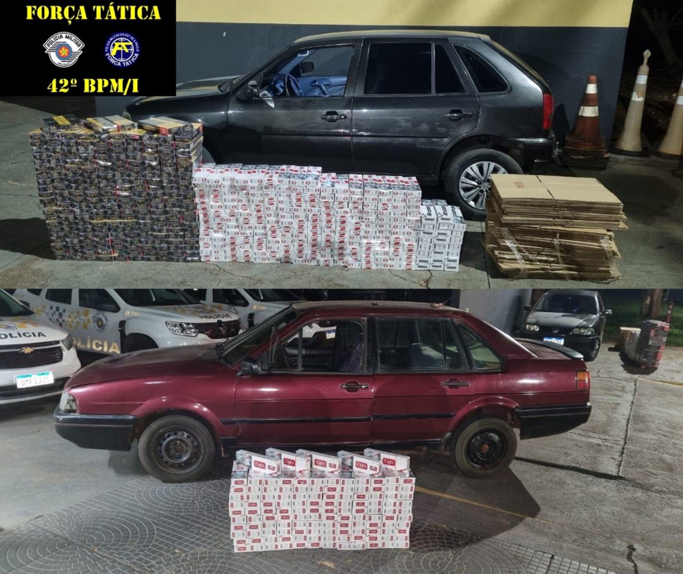  Força Tática apreendeu mais de 570 pacotes de cigarros e essências de narguilé contrabandeados, em Presidente Epitácio (SP) — Foto: Polícia Militar