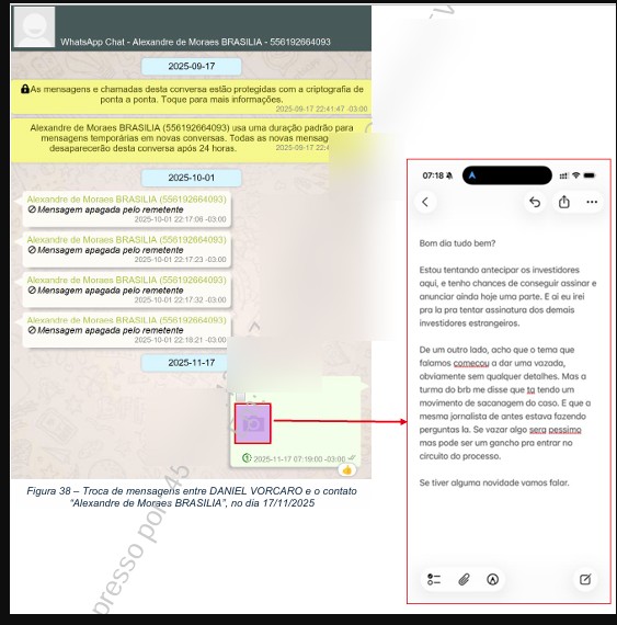 Vorcaro enviou cinco mensagens de visualização única a contato atribuído a Moraes na véspera de sua prisão, diz PF