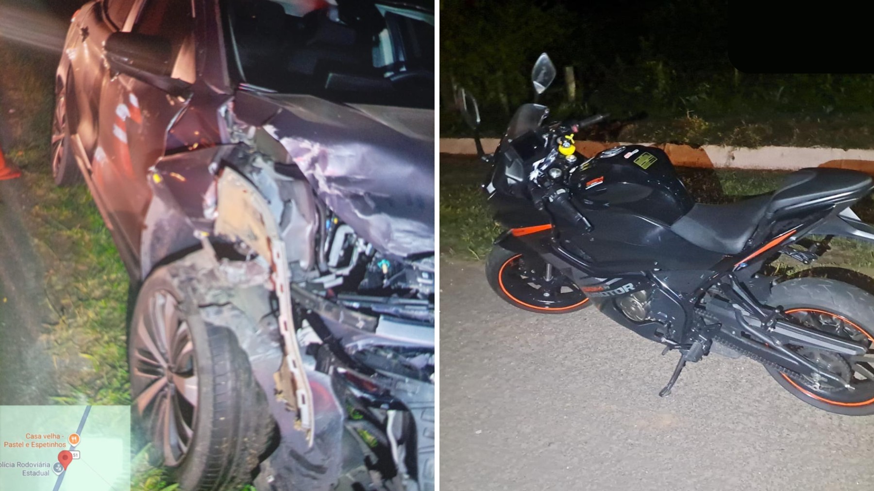 Carro bate em outro ao desviar de motociclista que caiu na rodovia após acidente entre motos, no Paraná
