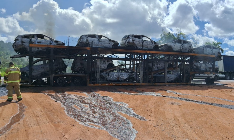 Caminhão-cegonha com 11 carros elétricos pega fogo na BR-101, em Alagoinhas — Foto: PRF-BA