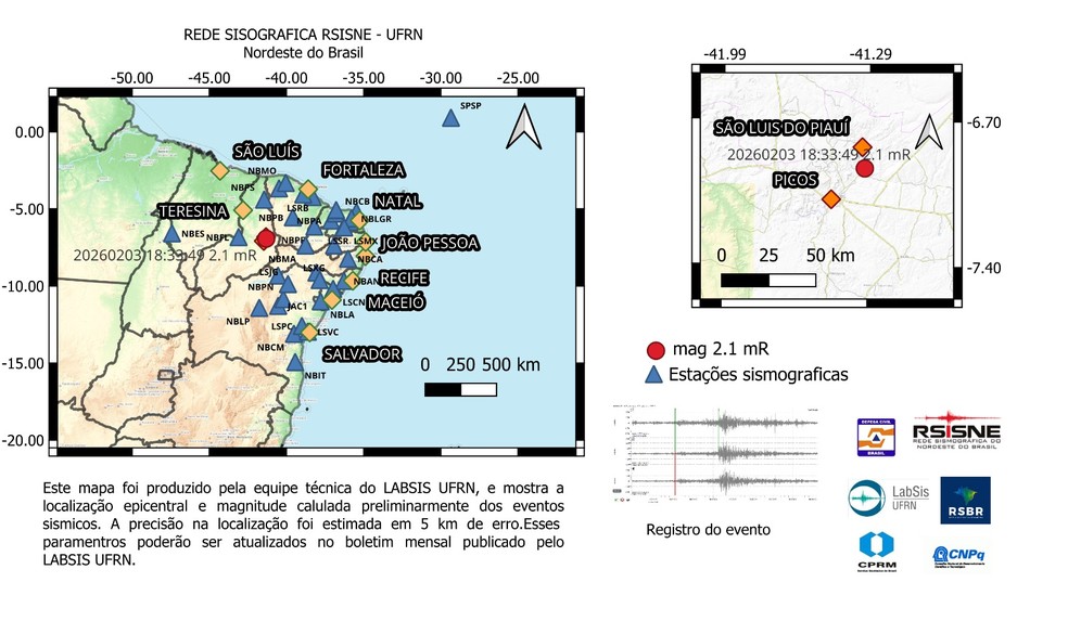Tremor de magnitude 2,1 é registrado em cidade do Piauí; 2º caso em 48 h — Foto: Reprodução/LabSis-UFRN