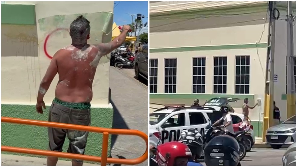 Homem preso por pichar prédios com símbolos de facção repinta muro diante da polícia, em Jaguaruana (CE) — Foto: Reprodução