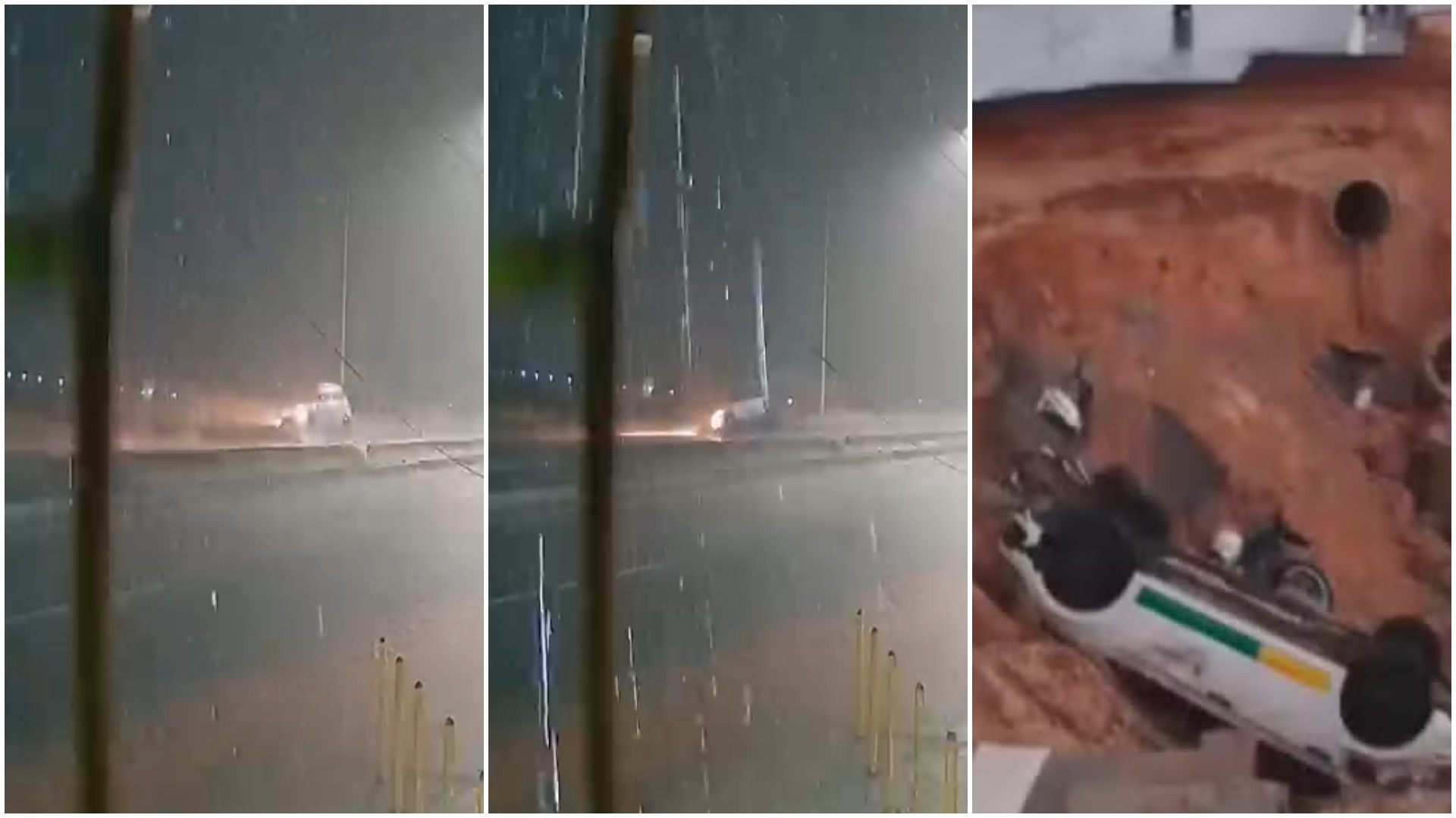 Vídeo mostra momento em que estrada cede e engole carro e moto na Grande Fortaleza; uma pessoa morreu