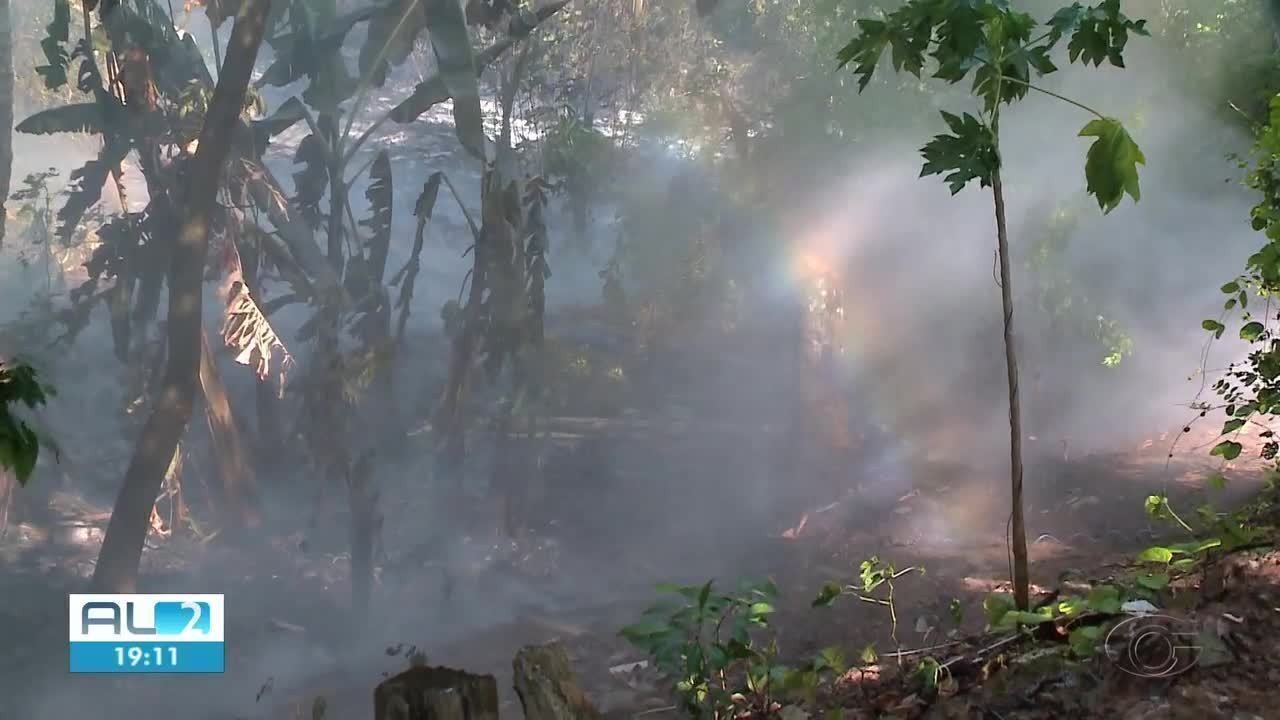 Fumaça de incêndio em mata faz Defesa Civil evacuar casas na Gruta de Lourdes, em Maceió