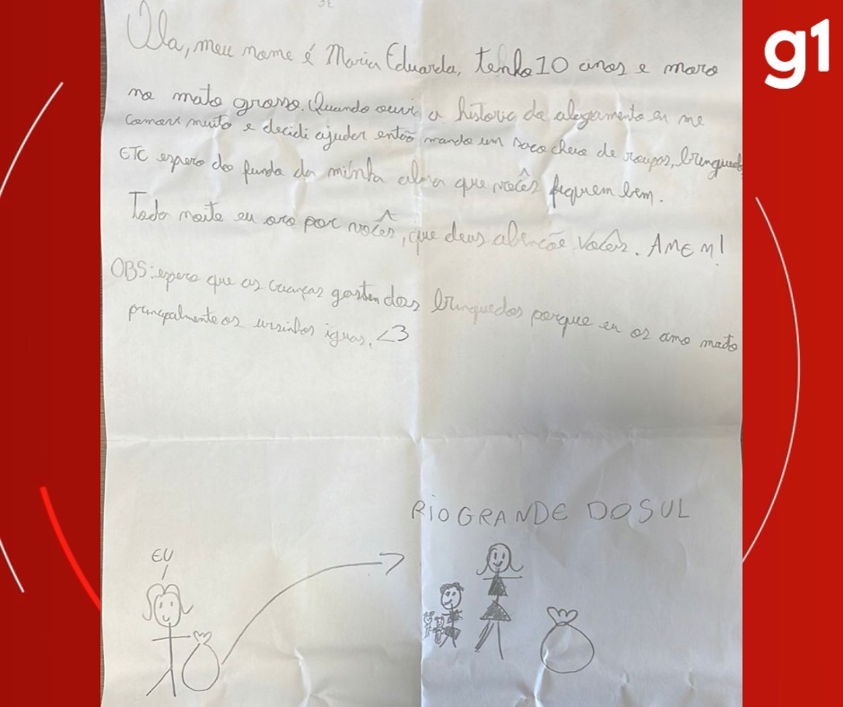 Criança de MT emociona voluntários com carta e doação para vítimas de tragédia em RS: 'oro por vocês' 