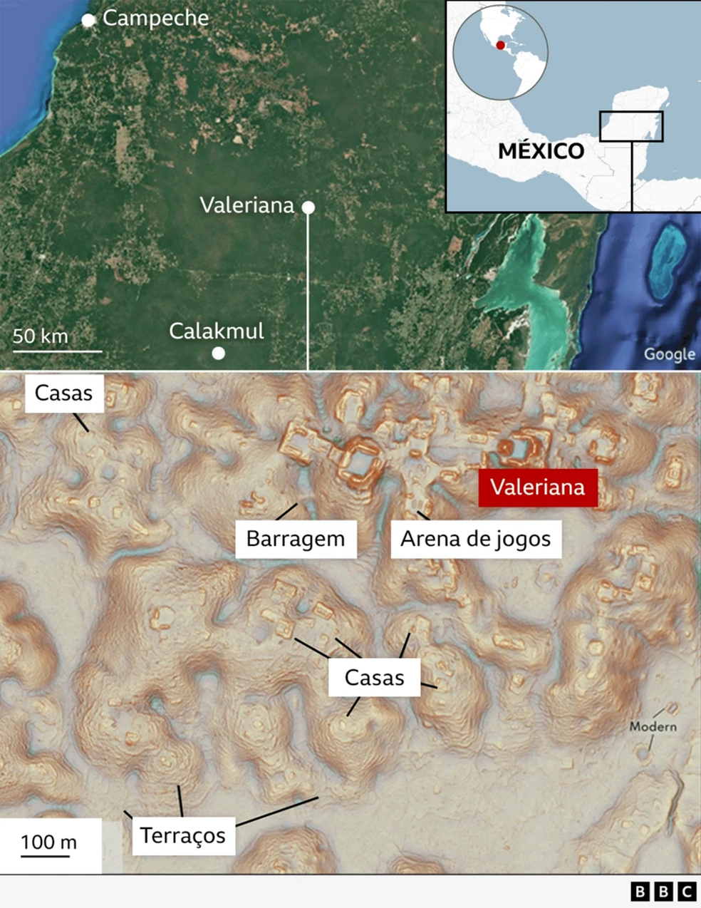 As ruínas foram encontradas no sudeste do México, em Campeche — Foto: BBC
