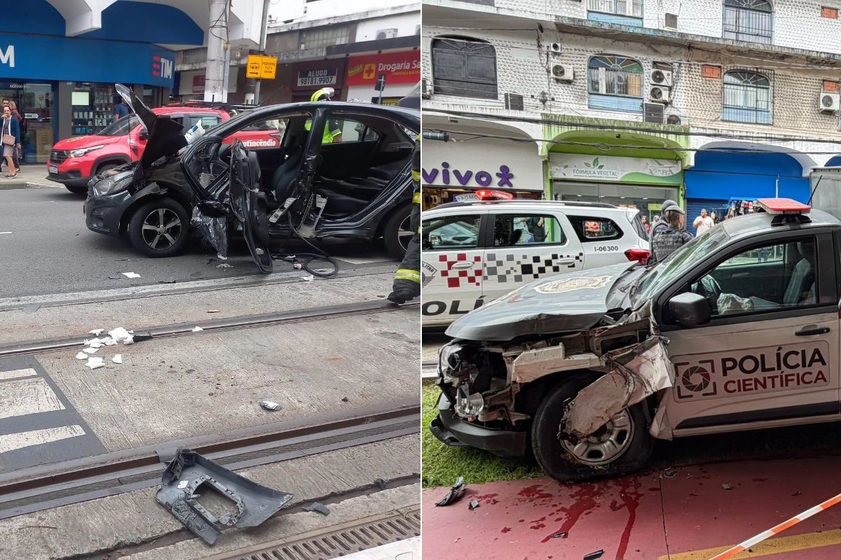 Mulher fica ferida após acidente entre carro e viatura da Polícia Científica em Santos; VÍDEO