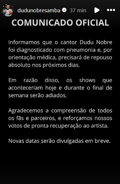 Dudu Nobre é diagnosticado com pneumonia e adia shows: 'Deu ruim na máquina'