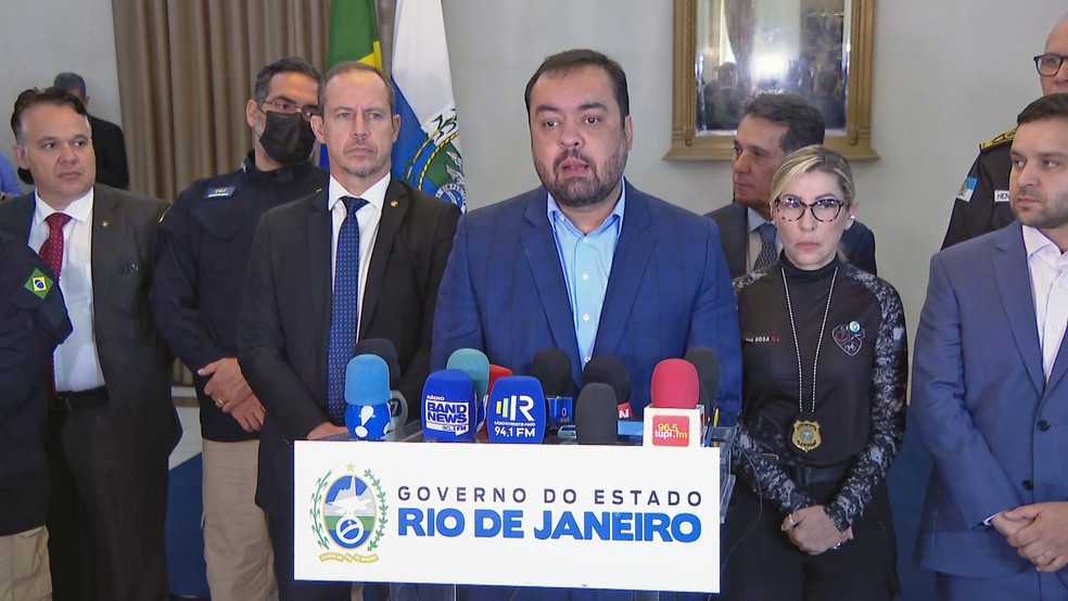 O governador Cláudio Castro em coletiva no Palácio Guanabara — Foto: Reprodução/TV Globo