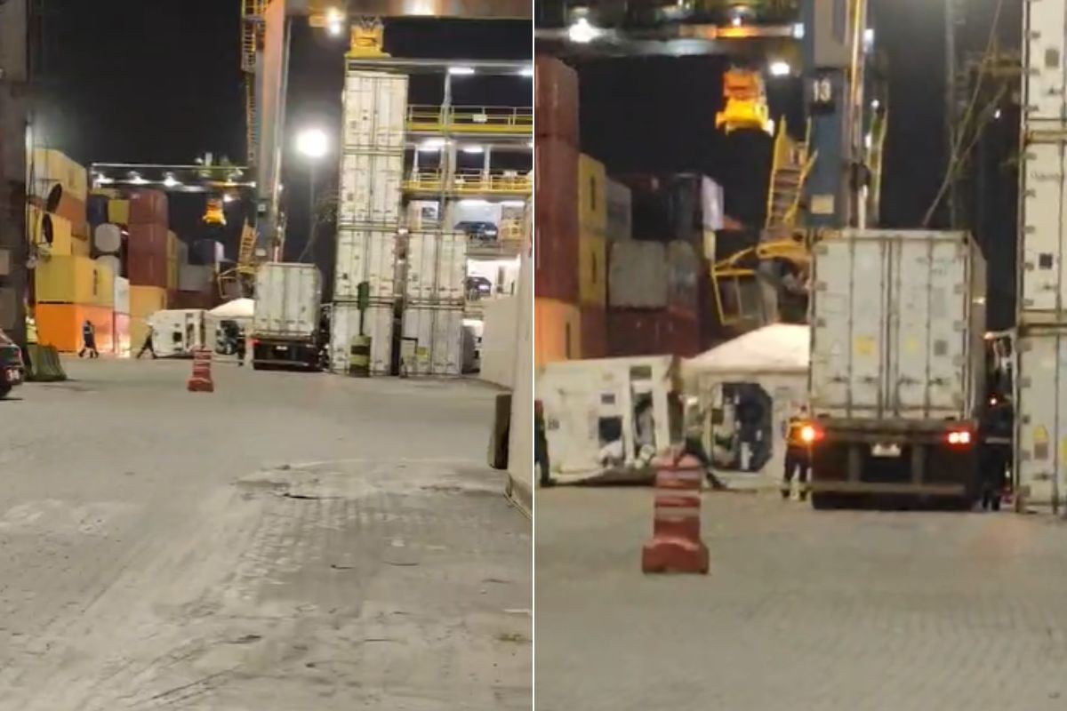 Contêiner cai sobre cabine de caminhão e motorista fica preso às ferragens no Porto de Santos