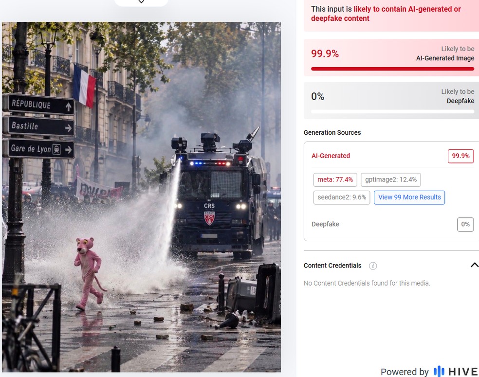 HiveModeration aponta uso de IA em imagem de Pantera Cor-de-Rosa em protestos em Paris — Foto: Reprodução