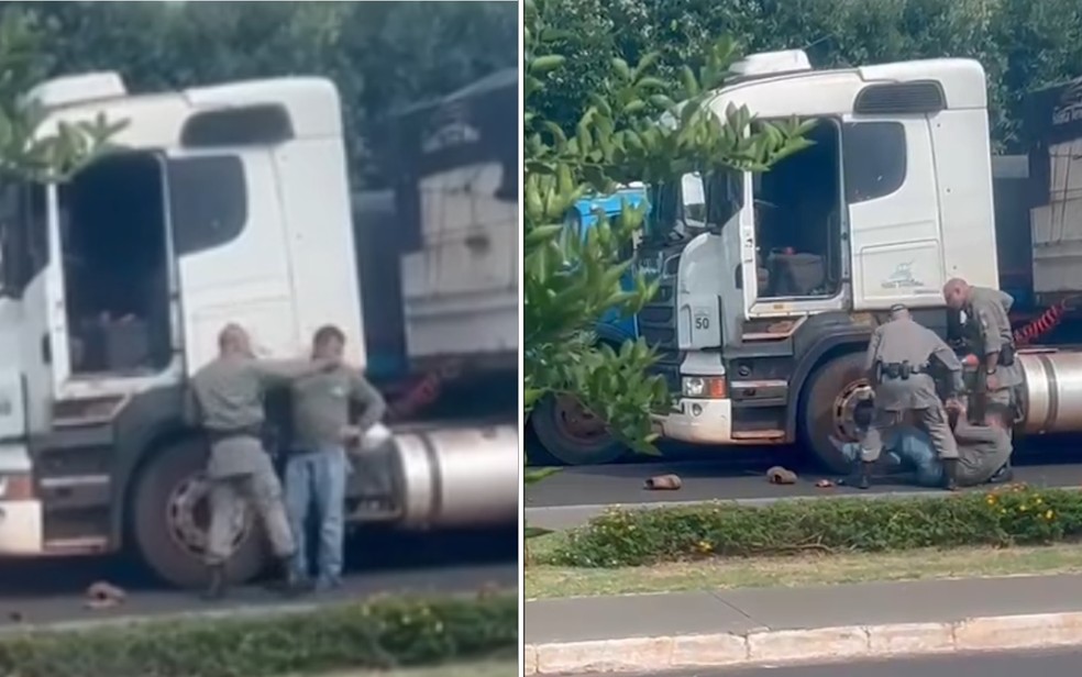 Policial Militar agride motorista de caminhão durante abordagem em Goiatuba — Foto: Reprodução/Redes Sociais