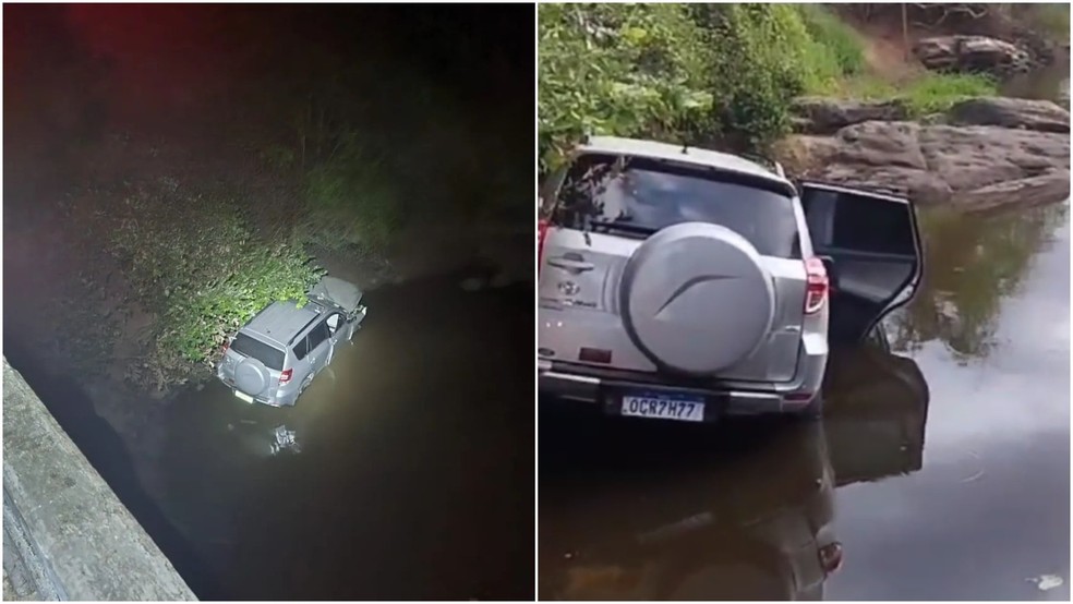 Carro do policial ficou caído nas margens de córrego após cair de ponte nas proximidades da BR-222, entre Forquilha e Irauçuba. — Foto: Arquivo pessoal