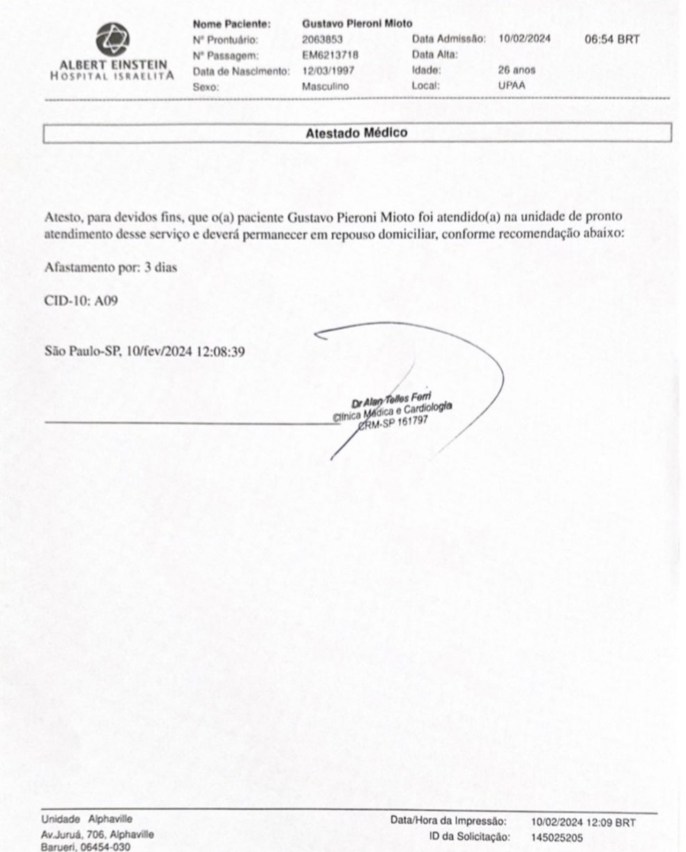 Atestado m&eacute;dico de Gustavo Mioto &mdash; Foto: Reprodu&ccedil;&atilde;o/Instagram