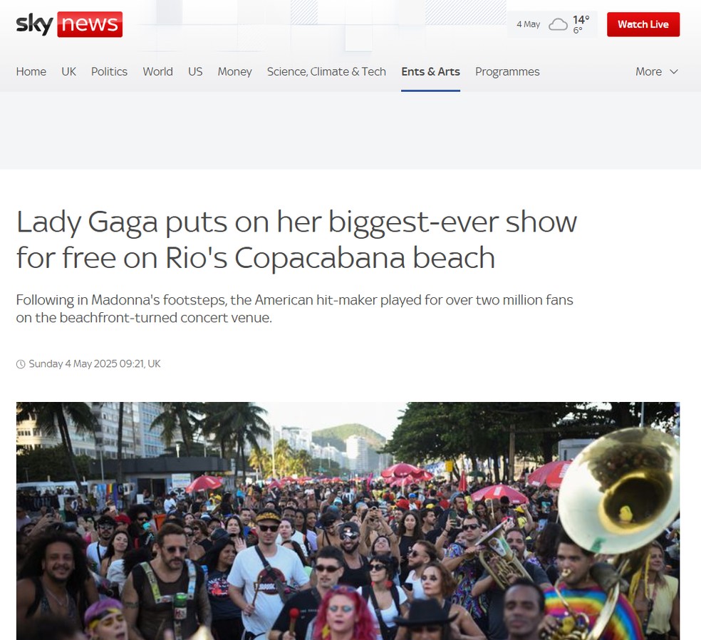 O site do canal de notícias Sky News destacou que Lady Gaga fez o seu maior show até agora no Rio. — Foto: Reprodução/Sky News