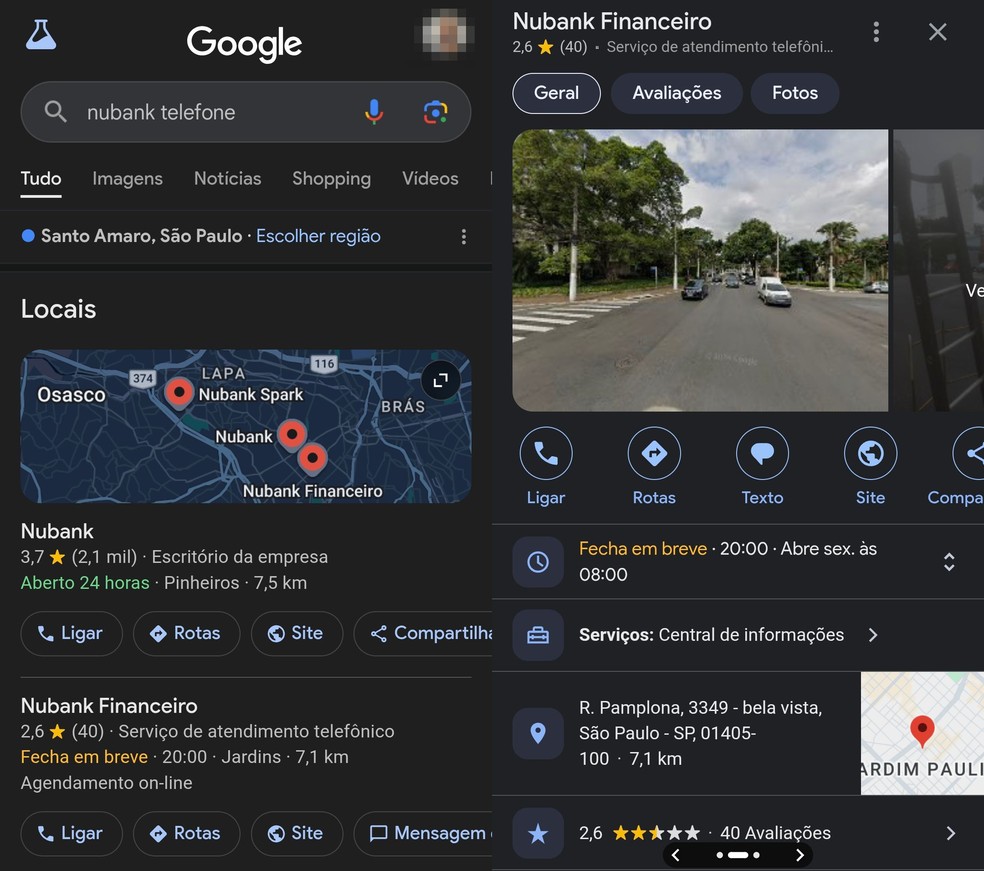 Google exibiu durante meses número de falsa central do Nubank — Foto: Reprodução