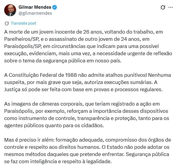 Após mortes por PMs em SP, Gilmar Mendes cobra legalidade e defende câmeras corporais: 'Nenhuma suspeita autoriza execuções'