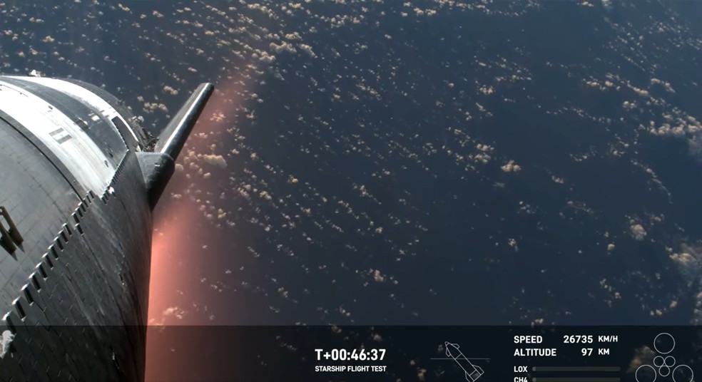 SpaceX lança Starship com sucesso, e nave chegou na atmosfera, um dos objetivos da missão espacial — Foto: Reprodução