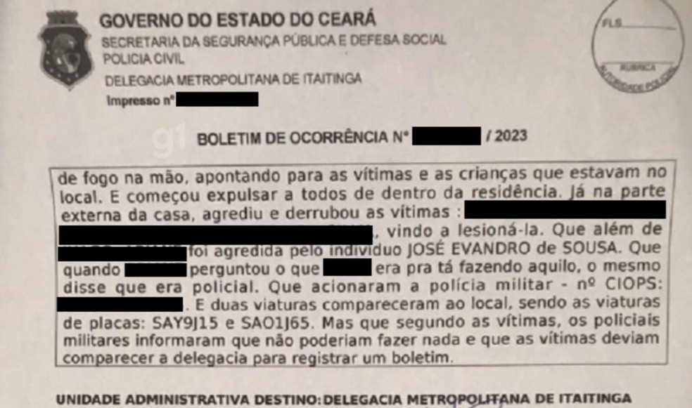 Família registrou em boletim de ocorrência ter sido expulsa de casa e agredida por guarda municipal — Foto: Reprodução