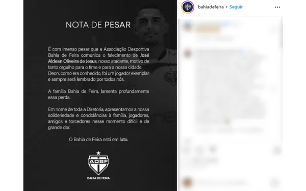 Bahia de Feira se pronunciou nas redes sociais — Foto: Redes sociais