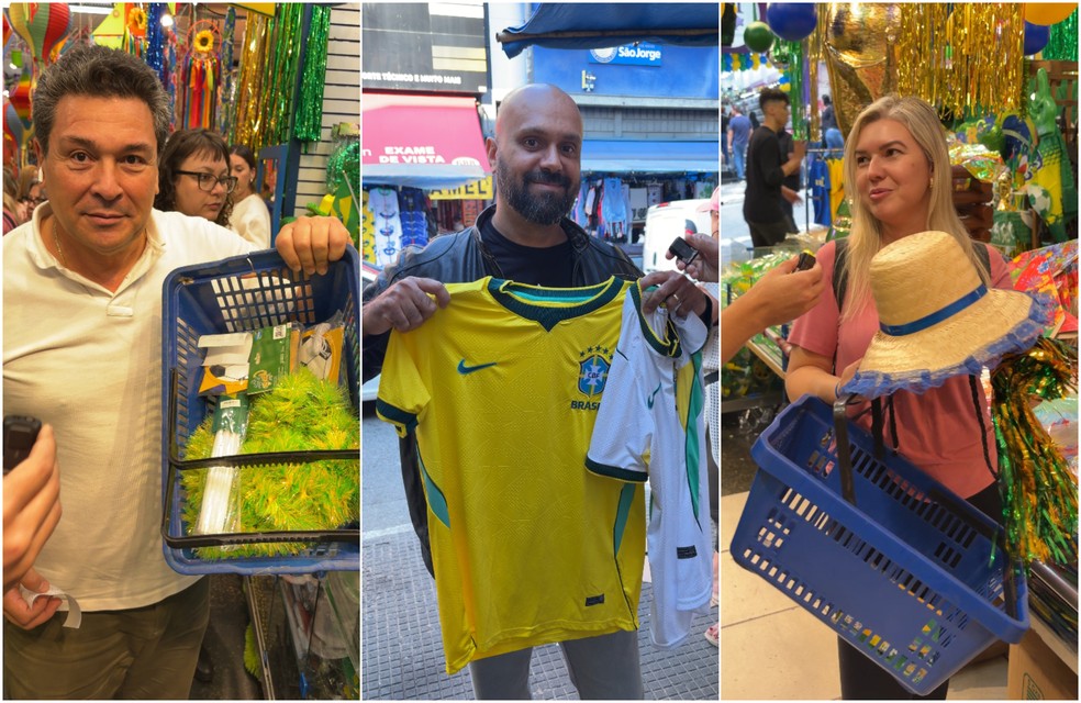 Victor Villarreal (esq.), Fabiano Mota (centro) e Vanessa Andrade (dir.) fazem compras de itens da Copa e de festa junina na regi&atilde;o da Rua 25 de Mar&ccedil;o. &mdash; Foto: Andr&eacute; Vinco/g1
