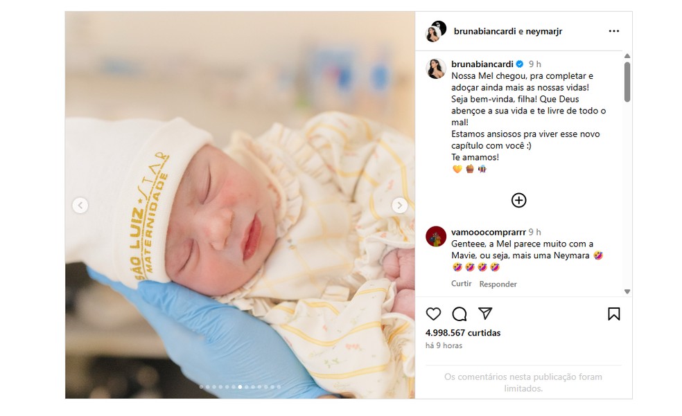 Mel, filha recém-nascida de Neymar e Bruna Biancardi. — Foto: Gabriel Queiroz/Reprodução/instagram