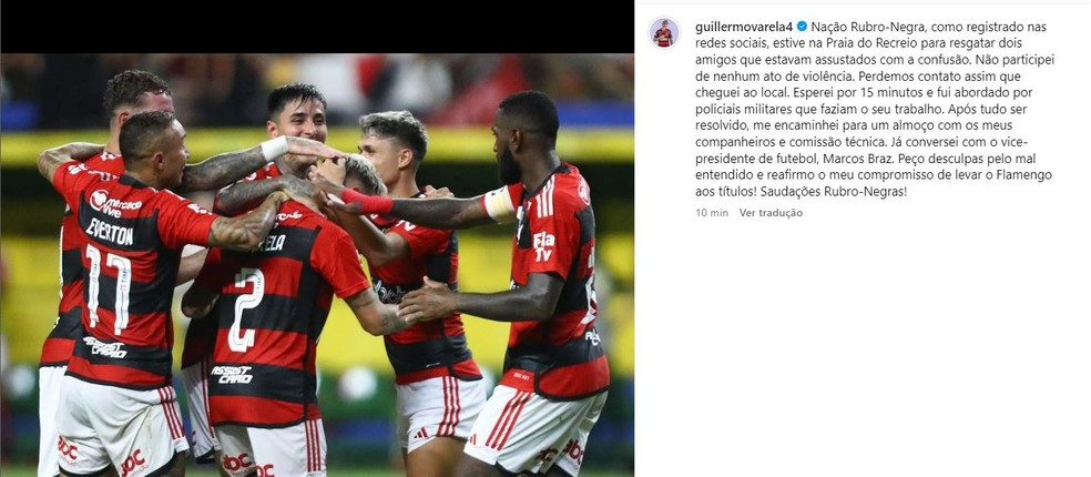Varela se pronuncia em redes sociais sobre ter ido ao Recreio durante confusão de torcedores do Peñarol — Foto: Reprodução/Instagram