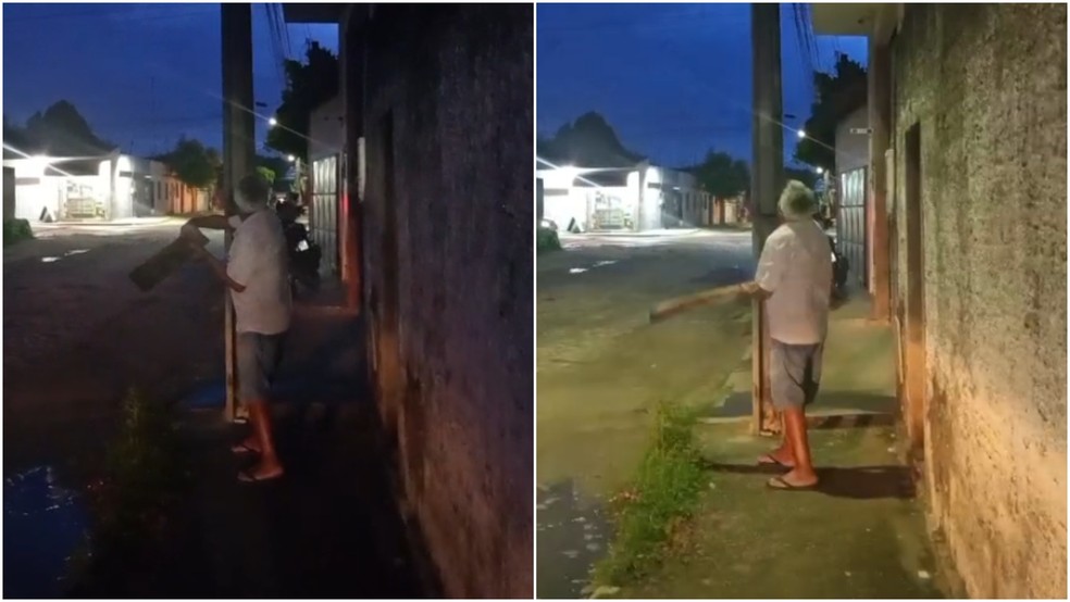 Morador de Pacajus acende luz de poste de iluminação pública na base da porrada com tora de pau — Foto: Reprodução