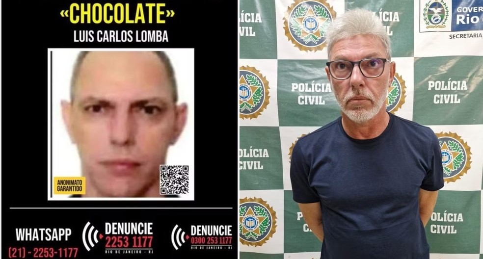 Cartaz de procurado com foto antiga de 'Chocolate'; à direita, ele preso após harmonização facial — Foto: Reprodução