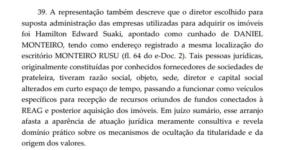 Trecho de documento judicial aponta aquisição de imóveis de luxo e possível estratégia de ocultação patrimonial — Foto: Reprodução