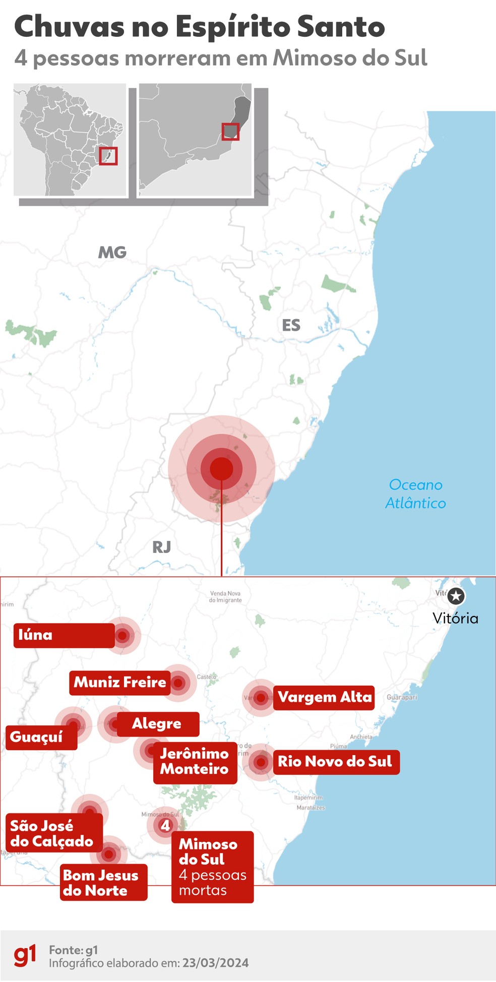 Mapa mostra cidades mais afetadas pelas chuvas no Sul do Espírito Santo — Foto: g1