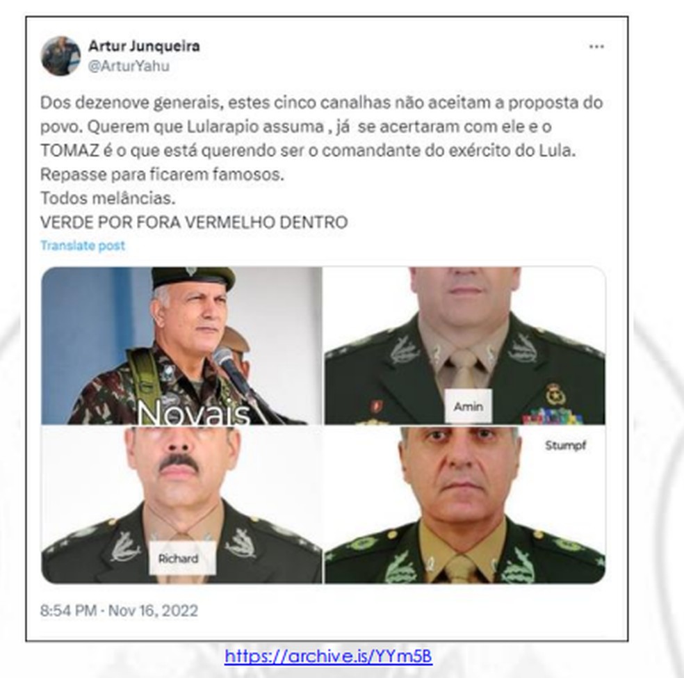 Publicação no X em ataque aos generais que se manifestaram contrários a minuta do golpe — Foto: Reprodução