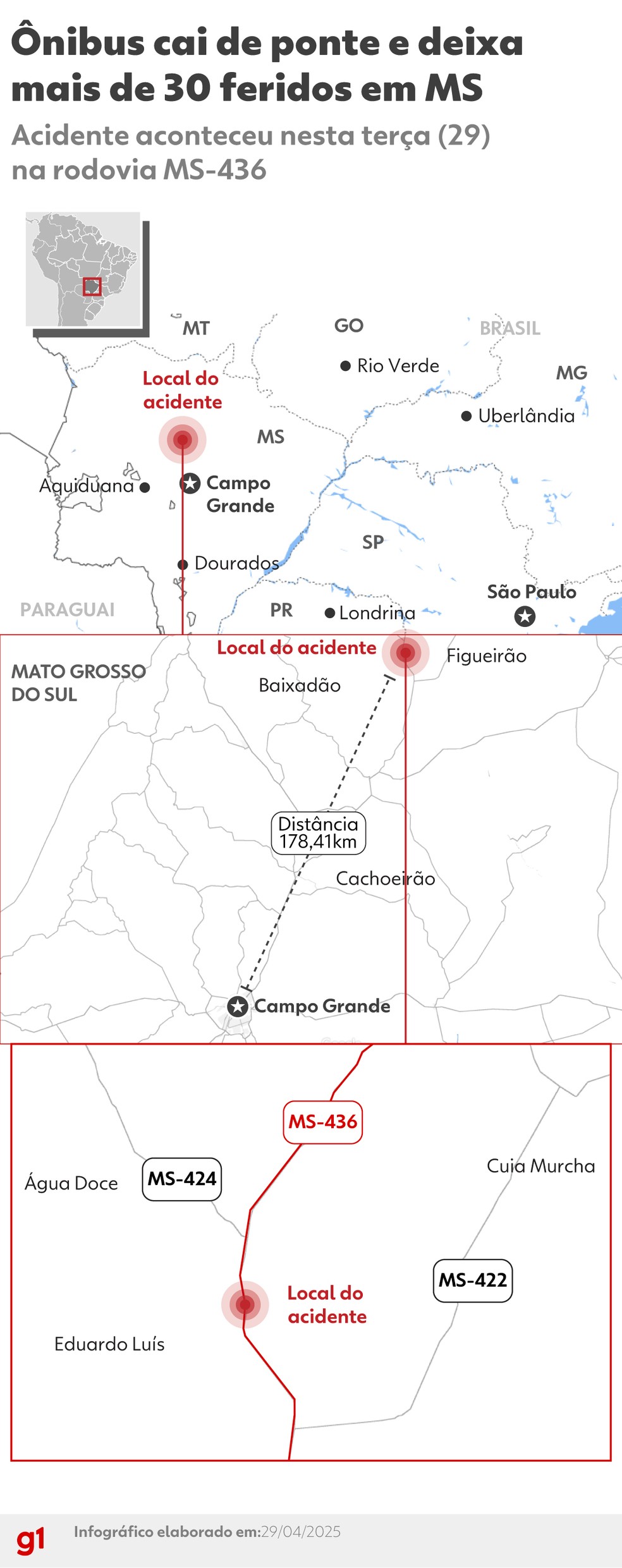 Mapa mostra o local do acidente em Mato Grosso do Sul. — Foto: g1