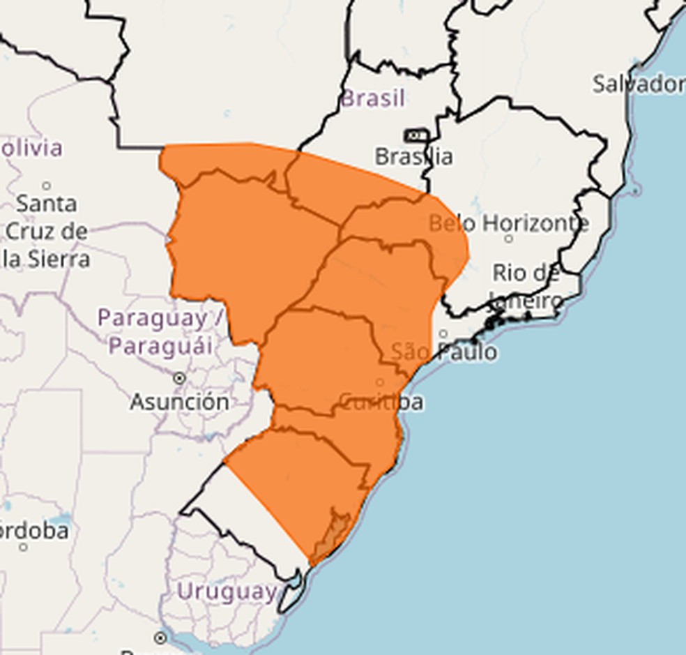 Regiões em laranja no mapa devem ter temporais nesta sexta. — Foto: Inmet
