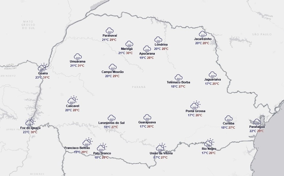 Previsão para quinta-feira, 29 de janeiro — Foto: Reprodução/Simepar