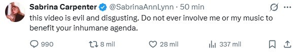 Casa Branca usa música de Sabrina Carpenter em vídeo de prisão de imigrantes e cantora condena uso: 'Repugnante'