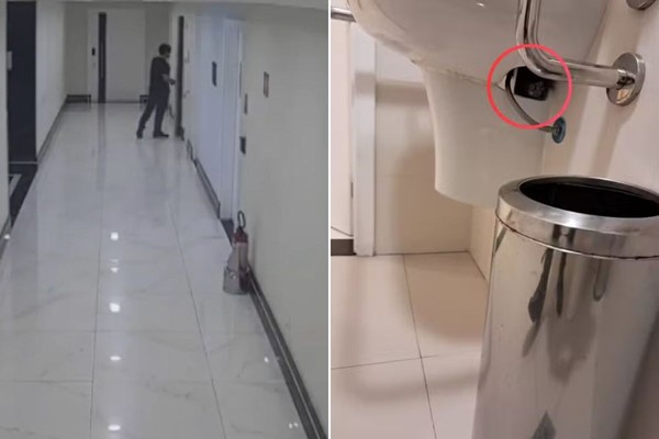 Homem esconde celular para gravar mulheres em banheiro de prédio comercial em Santos, SP — Foto: Divulgação/Polícia Civil