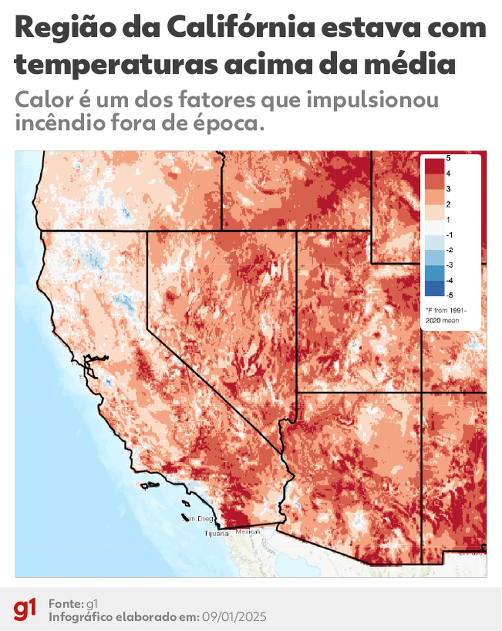 Mapa mostra temperaturas acima da média na região da Califórnia — Foto: Arte/g1