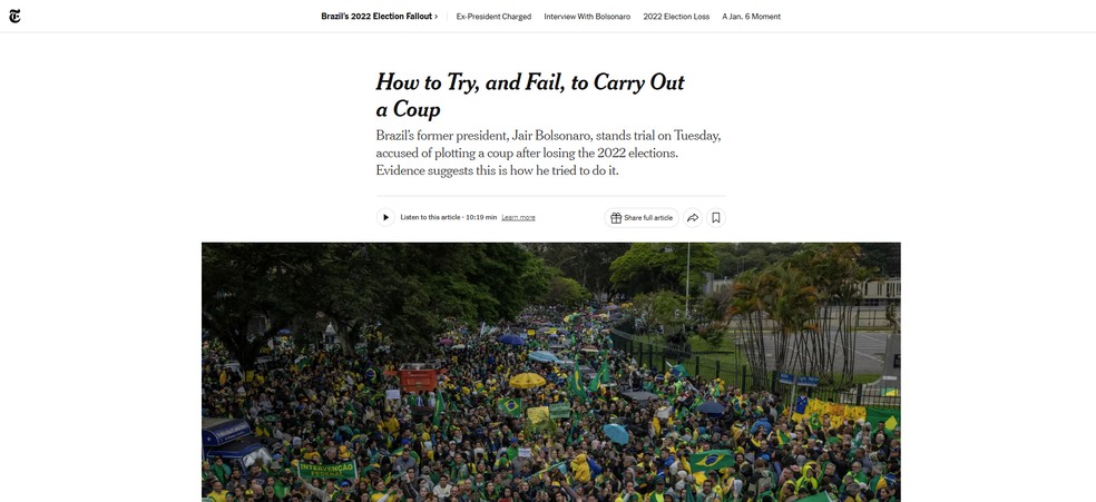 Reportagem do jornal 'The New York Times', dos Estados Unidos, sobre o início do julgamento de Bolsonaro. — Foto: Reprodução