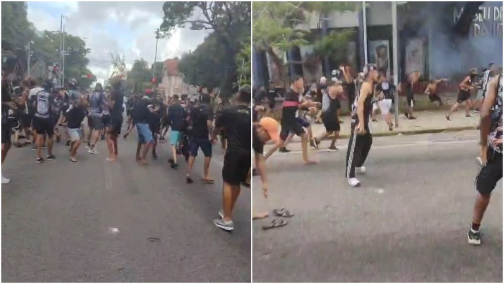 Torcedores entram em confronto com policiais e geram tumulto no Bairro Benfica, em Fortaleza — Foto: Reprodução