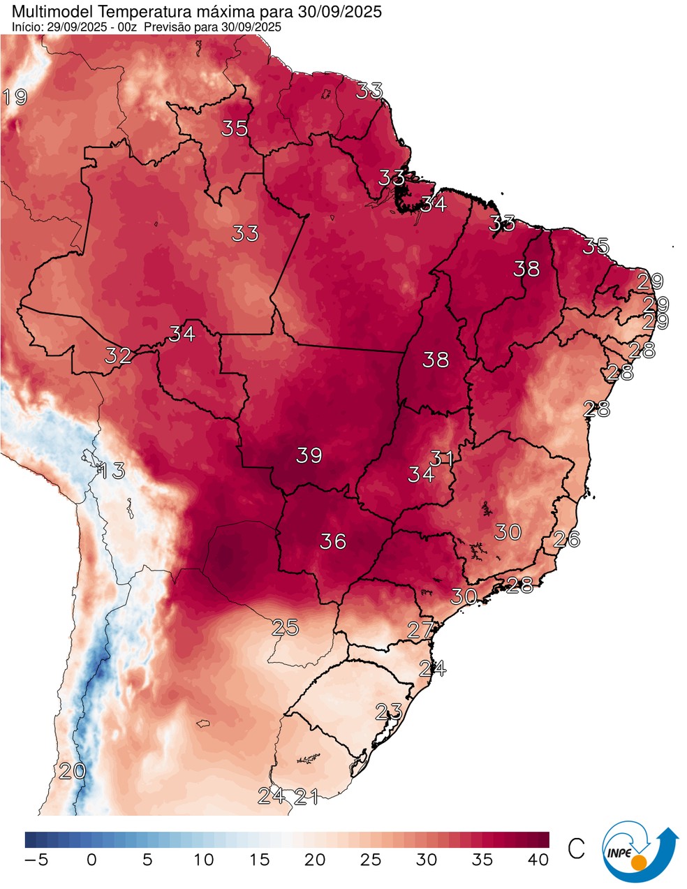 Mapa mostra previsão de temperatura máxima para esta terça (30). — Foto: CPTEC/Inpe