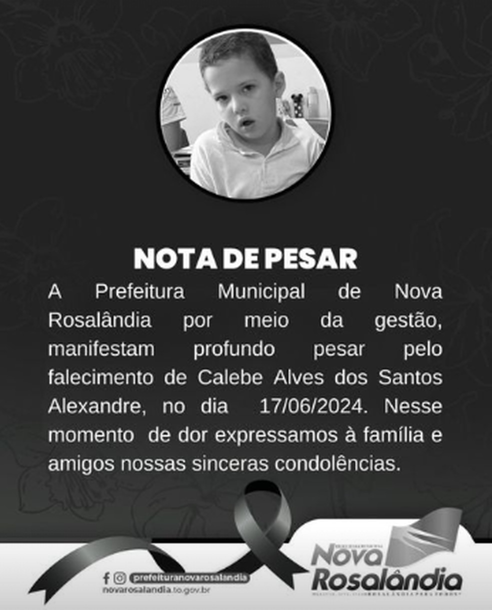 Prefeitura de Nova Rosalândia lamenta morte de menino — Foto: Divulgação