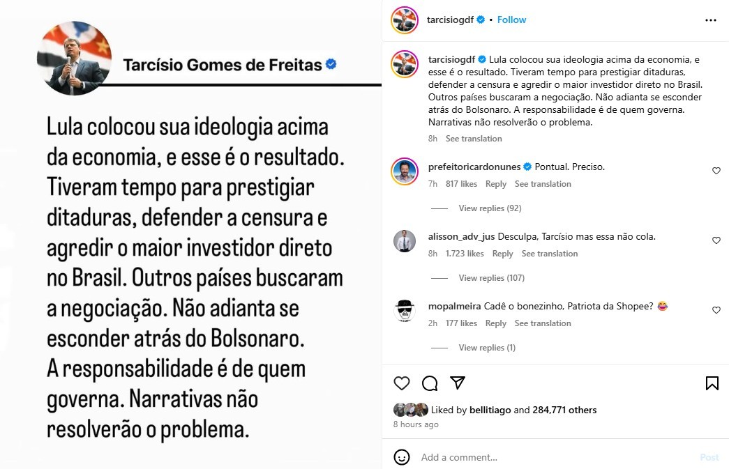 Tarifa de 50%: Tarcísio responsabiliza Lula por taxa de Trump sobre o Brasil